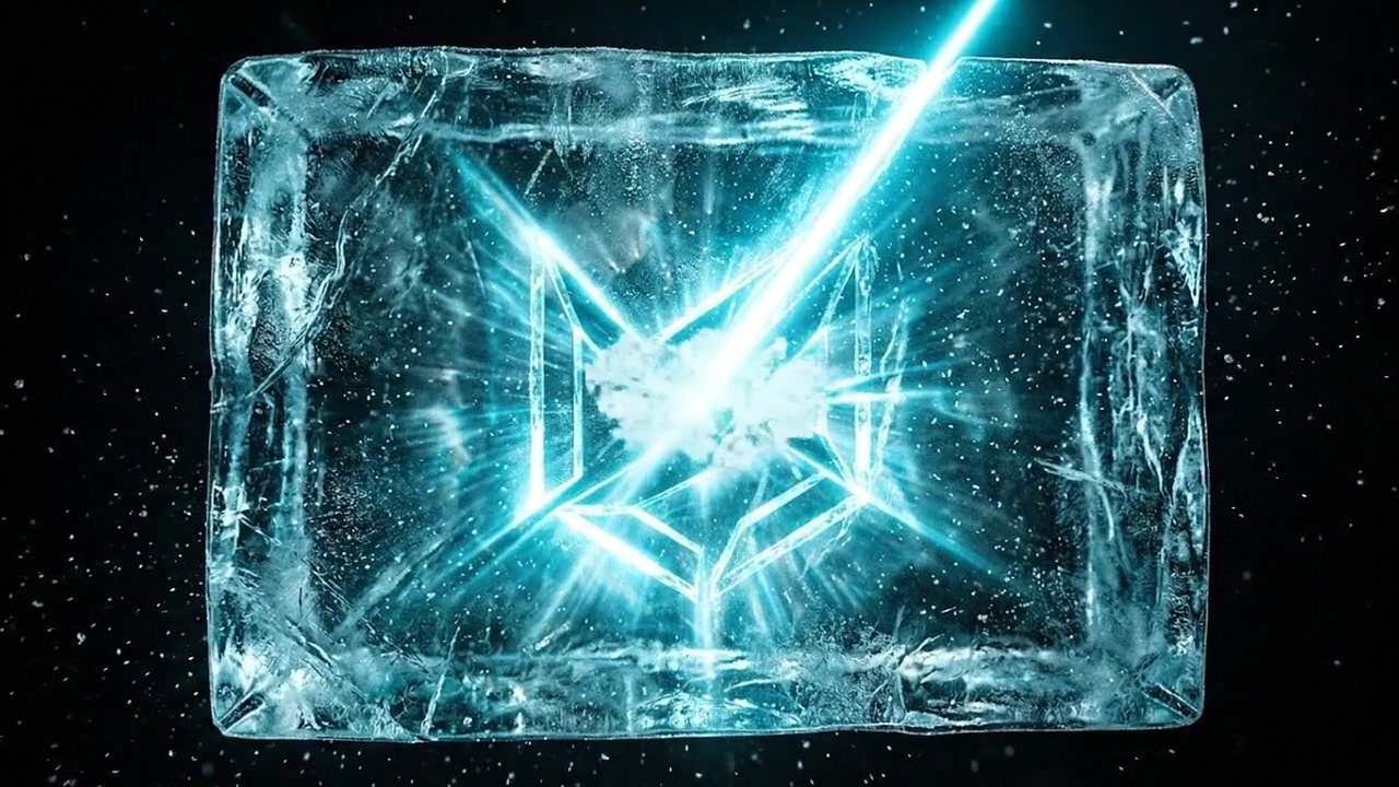 A block of ice being carved by invisible lasers into a logo shape ...